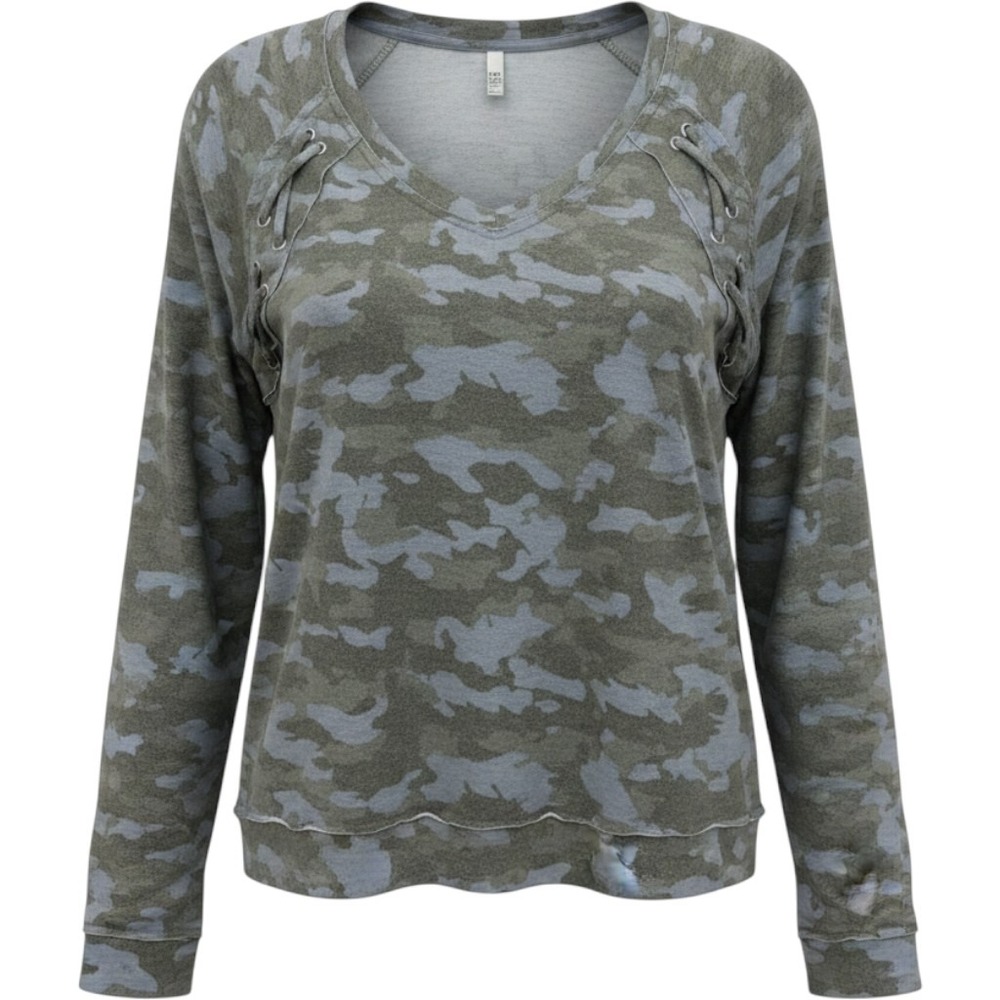 Mudd Womens Camo Lace Up Shoulder V-Neck Sweatshirt Green Grey Large ZG15